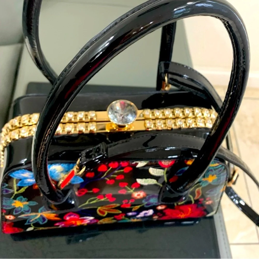 Floral & Giant Rhinestone Frame Satchel Hardshell Purse Crossbody Medium-Large - Picture 3 of 7